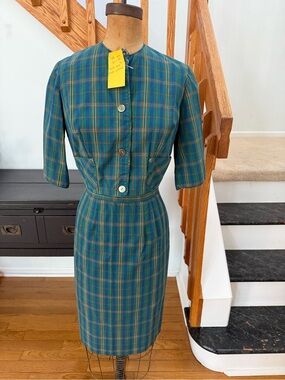 Vintage Teal Green Plaid Skirt Set